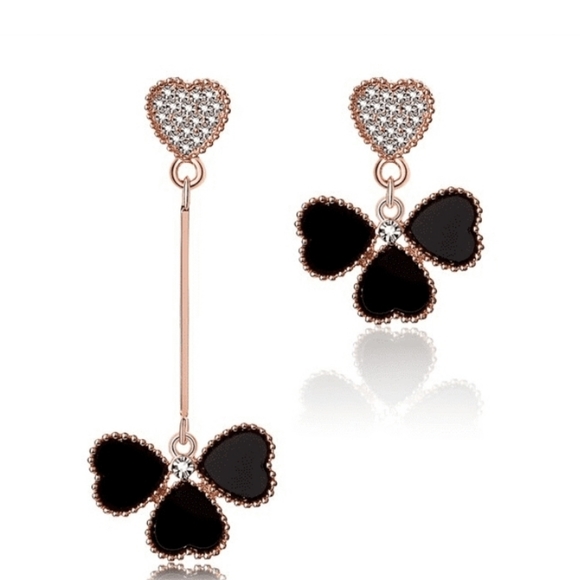 Gold-plated Crystal black mismatched clover Leaf earrings with silver post BOGO - Picture 10 of 14